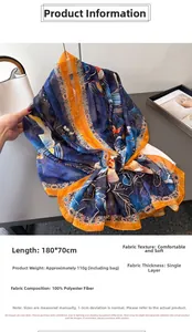 Détail de l'écharpe imprimée bleue et orange, taille 180x70cm en 100% polyester léger