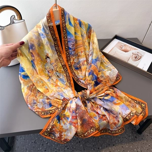 Écharpe en soie pour femme avec imprimé d'art Dunhuang et motifs classiques vintage