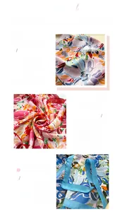 Detail of premium silk-like scarves featuring floral prints and refined hemmed edges