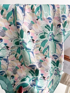 Detailed close-up of floral silk scarf fabric with abstract patterns and satin sheen