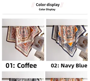 Color options of printed silk scarves featuring brown and navy blue paisley patterns