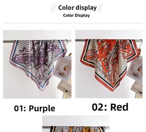 Detailed view of luxury silk scarves with houndstooth and horsebit patterns in purple and red