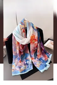 Detailed texture of semi-transparent floral silk scarf with vibrant colorful magnolia print