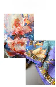 Detail of pink lotus floral jacquard silk scarf in elegant lavender and blue tones