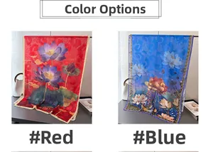 Detailed comparison of red and blue long silk scarves with lotus floral print and gold edges