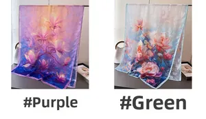 Detailed view of floral silk scarves in purple and green gradient with magnolia prints