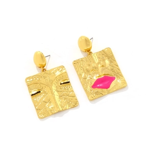 Modern art square gold earrings featuring abstract face designs and bright pink lips