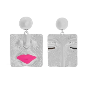 Abstract silver face earrings with square pendant and bright pink lip detail for women
