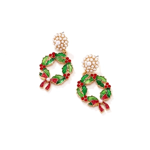 Christmas wreath earrings with pearls, green leaves and red bows for holiday party outfits