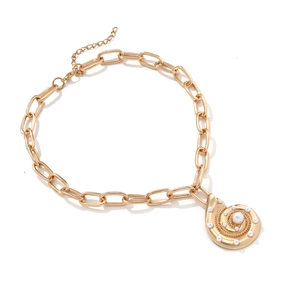 Gold thick chain necklace with shell pendant and pearls shown on a white background