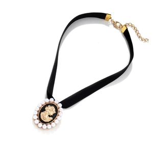 French vintage black velvet choker with gold cameo pendant and faux pearls for women