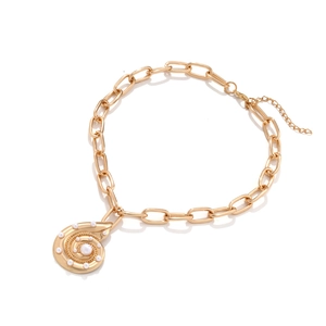 Gold conch shell pearl pendant necklace with chunky oval link chain for women