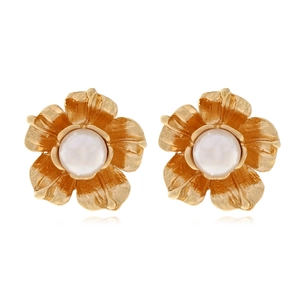Flower Stud Earrings Alloy Textured Vintage Five Petal Floral With Inlaid Artificial Pearl Jewelry For Women