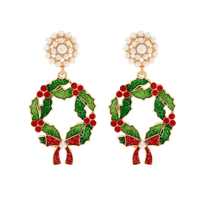Christmas wreath earrings with pearls and red bow on a gold base for holiday fashion