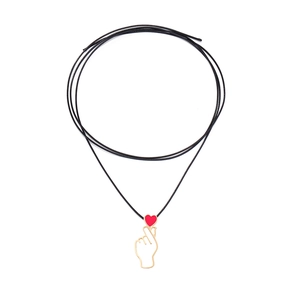 French Vintage Finger Heart Gesture Pendant Necklace Zinc Alloy Red Heart Black Wax Rope Adjustable Choker For Women