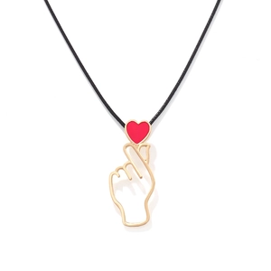 French retro gold hand heart pendant with red enamel on black cord adjustable necklace