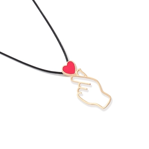 French vintage gold alloy heart hand gesture pendant necklace with adjustable black cord