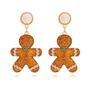 Christmas Gingerbread Man Dangle Earrings With Faux Artificial Pearl Alloy Enamel Glitter Cute Holiday Ear Jewelry For Women
