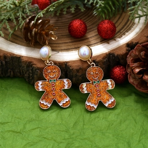 Cute gingerbread man earrings with enamel finish and pearl studs for Christmas theme