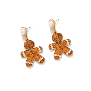 Cute gingerbread man Christmas earrings with white faux pearl studs and golden glitter enamel