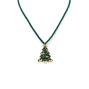 Collier sapin de Noël avec émail vert et strass colorés sur un cordon tressé vert foncé