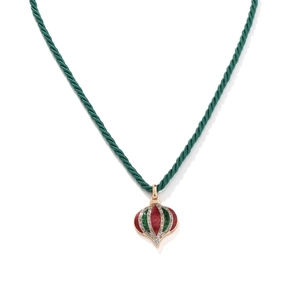Christmas bulb pendant necklace featuring red and green glitter with crystal accents
