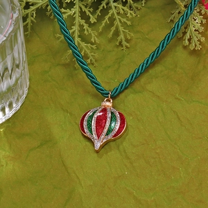 Christmas pendant necklace with red green enamel and rhinestones on green silk rope