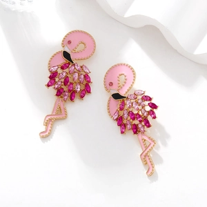 Elegant long gradient pink flamingo drop earrings with enamel and sparkling crystals