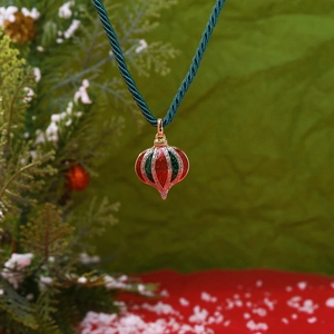 Retro Christmas onion-shaped pendant necklace with red and green stripes and rhinestones