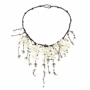 Statement Necklace Handmade White Flower Resin Beads Brown Woven Rope Bohemian Tassel Fringe Long For Women