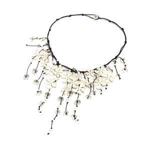 Luxurious white cascading floral tassel necklace with handcrafted multi-layer flowers