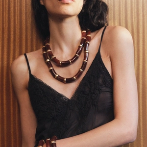 Double-layer amber resin beaded necklace set with vintage gold metal accents