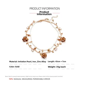 Detailed close-up of multilayer faux pearl and gold rose vine necklace with floral pendants