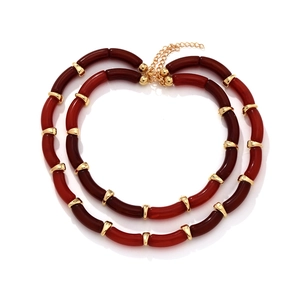 Boho Double Layer Stacked Necklace With Resin Bamboo Tube Beads And Alloy Metal Spacers Vintage Geometric Jewelry For Women