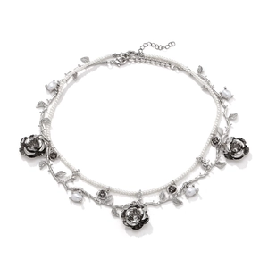Double-layered pearl and silver rose choker necklace with thorn vine design accents