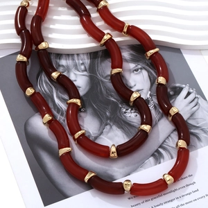 Bohemian double-layer resin bamboo bead necklace set in amber and deep red tones