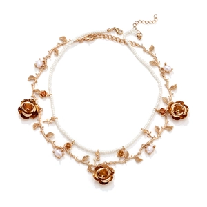 Double-layer faux pearl and gold rose necklace set with gothic floral accents