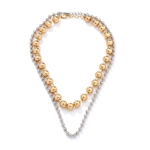 Collier Double Rang Chaîne À Billes Alliage Métal Perles Rondes Doré Et Argenté Chic Bijoux De Clavicule Pour Femmes