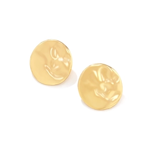 Detailed view of round gold alloy earrings featuring unique hammered texture and vintage finish