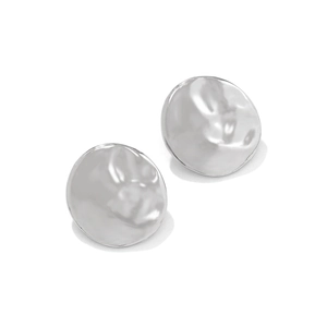 Textured round alloy earrings with silver finish and irregular geometric hammer pattern