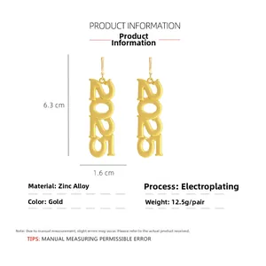 Detail view of 2025 pendant earrings with precise dimensions in gold-plated zinc alloy