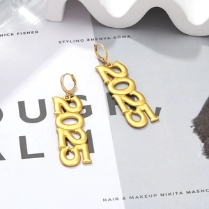 Minimalist golden 2025 drop earrings with matte finish on elegant geometric background