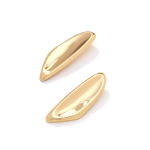 Polished golden irregular streamlined earrings with a modern mirror finish on white background