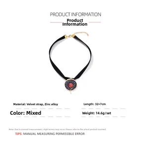 Détail du ras de cou en velours noir avec pendentif rose et chaîne d'extension de 32+7cm