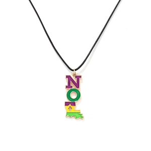 Colorful NOLA Mardi Gras pendant necklace with purple, green and gold enamel details