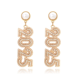 2025 Year Number Dangle Earrings Gold Alloy Faux Artificial Pearl Rhinestone Drop Jewelry New Year Celebration Party For Women