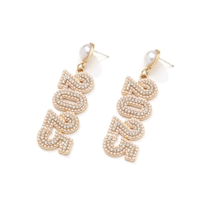 Detail of 2025 dangling earrings with gold plating, pearls and sparkling rhinestones