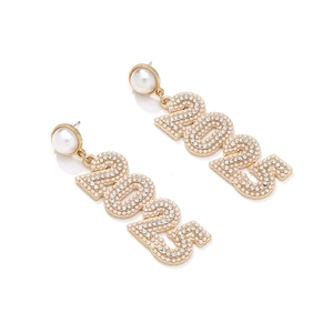 2025 New Year earrings with gold-toned long tassel numbers, pearls, and crystals