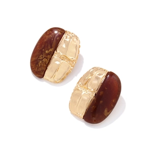 Vintage gold-tone alloy and amber resin oval drop earrings with textured details