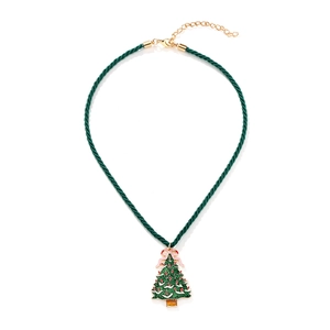 Christmas Tree Pendant Necklace Zinc Alloy Pink Bow Enamel Green Braided Rope Festive Holiday Jewelry For Women Girls